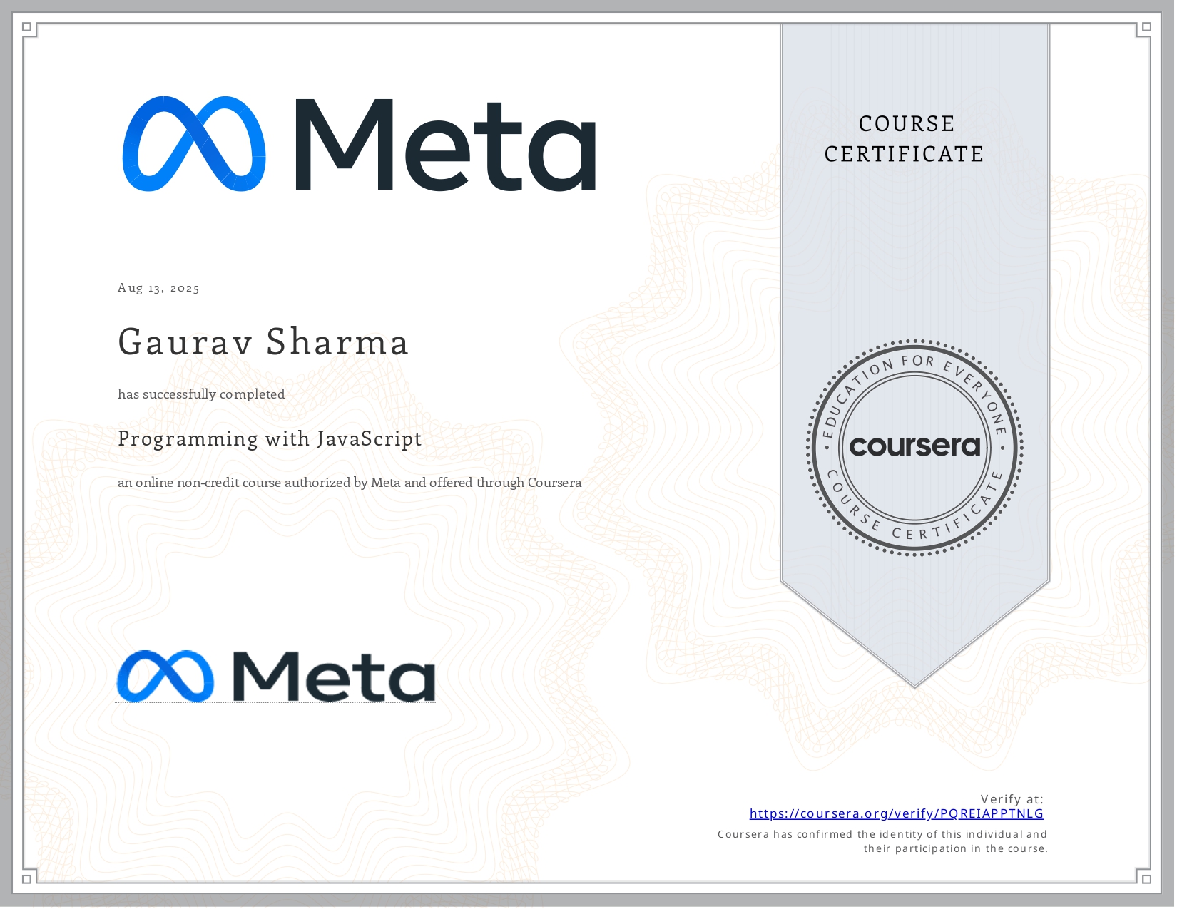 Programming with JavaScript certificate